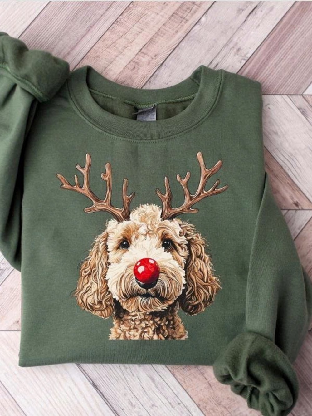 Olive Green Crewneck Sweatshirt with Reindeer Dog Print